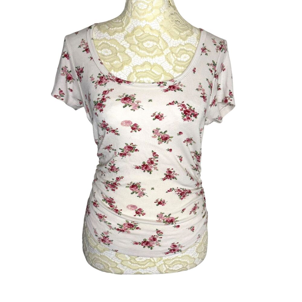 Guess Ruched T Shirt Top Blouse Boho Y2K Rib Knit Rose Pink Red White XS